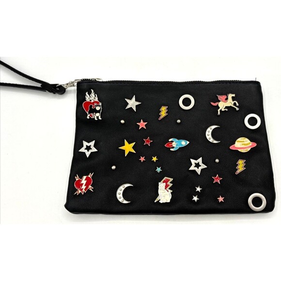 Stradivarius Handbags - Stradivarius Wristlet‎ Accessory Zipper Bag Sewn Enamel Pins Blk Silver Hardware